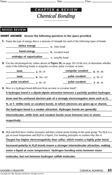 chemical bonding worksheet answers chapter 6 review
